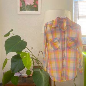 vintage cowgirl button down in light pink, sunflower yellow & baby blue